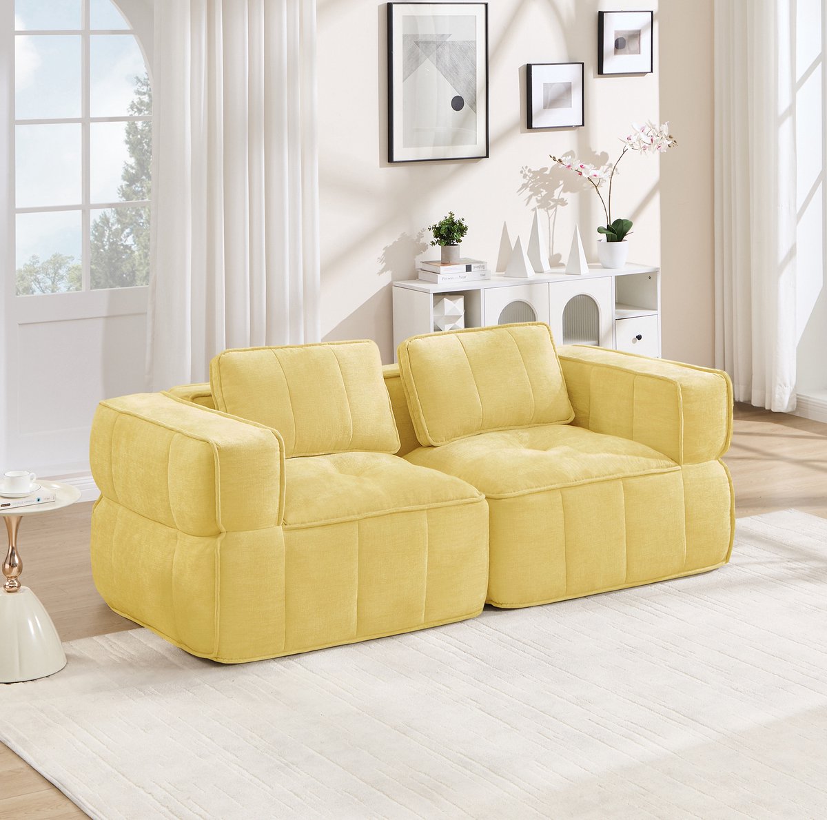 FloraGrace Zitbank 2-Zits 198 X 93 X 67 Cm - Modulair Zonder Frame Met Brede Armleuningen En 32D Schuim - Voor Woonkamer En Appartement - Polyester - Geel