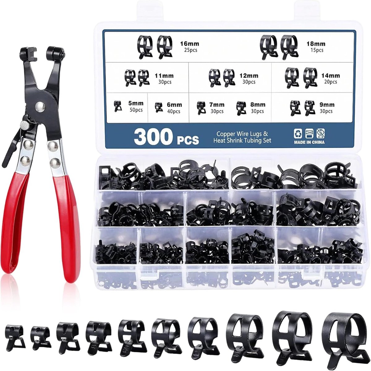SnelShoppen - 300-delige Slangklemmen Set - Slangklemmen en Veerklemmen 5-18mm met Slangklemmen Tang voor Brandstofleidingen en Voertuig Reparaties