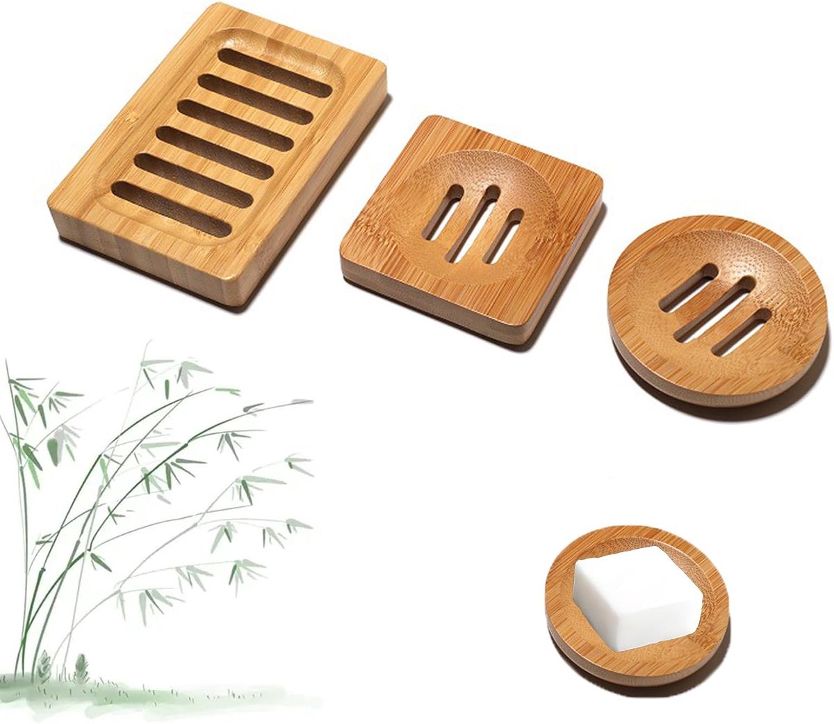 SnelShoppen - Set van 3 Zeepbakjes met Afvoer, Natuurlijke Zeep Houder, Houten, Antislip Ontwerp, Zeepbakje voor Zeep en Spons, Voor Badkamer en Keuke