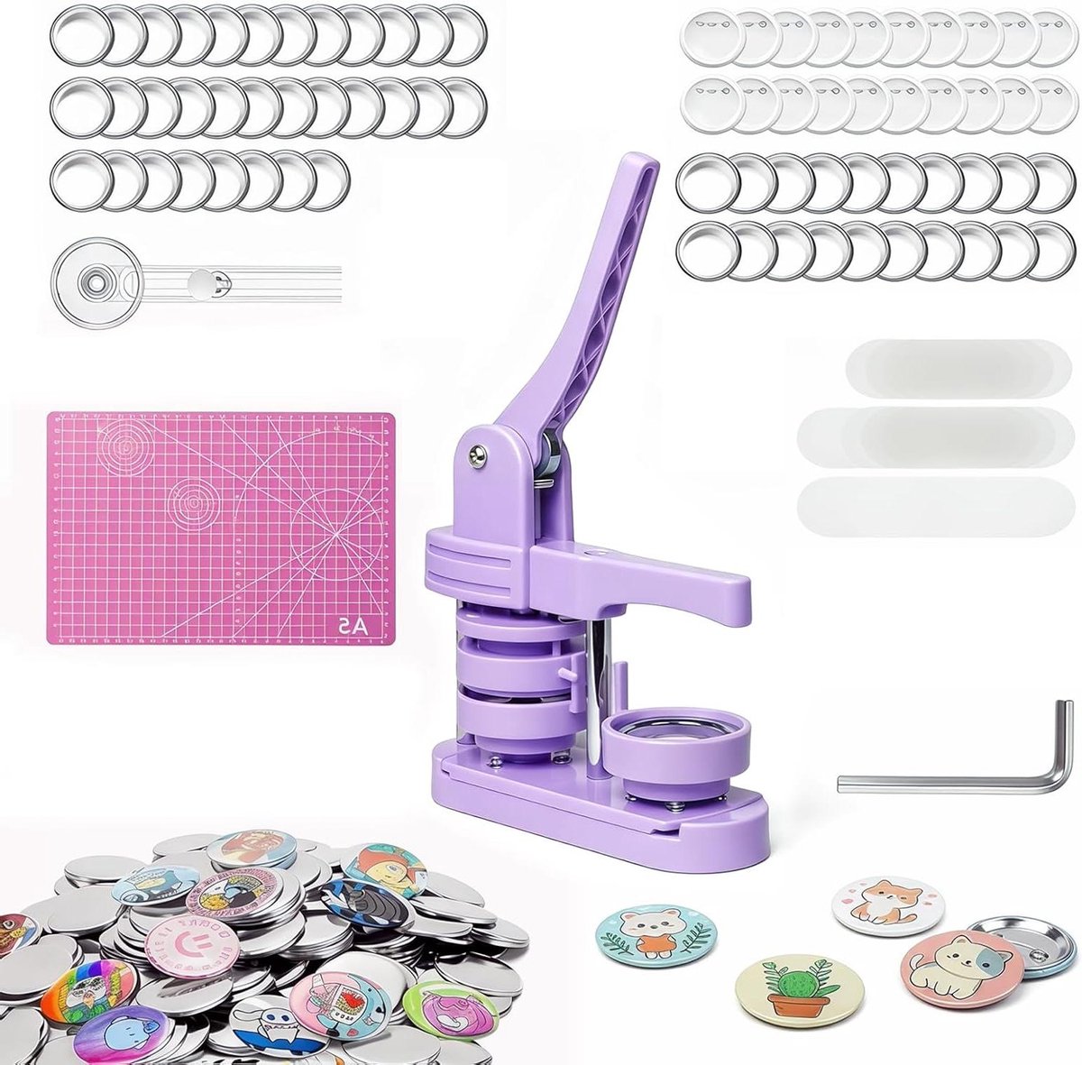 Knoopmachine Set - Badge Maker - Zelf Knoppen Maken - Compleet met 100 blanks - 58 mm - Lila