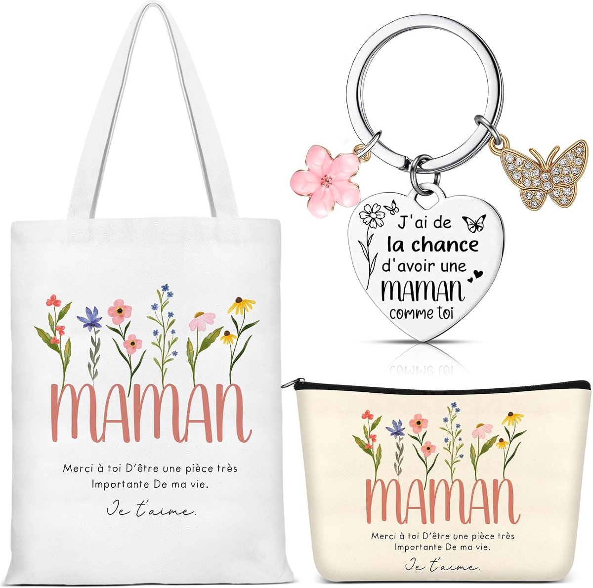 SnelShoppen - 3 Stuks Cadeau Voor Mama Set - Canvas Draagtas, Make-Uptasje, Hartvormige Sleutelhanger - Perfect Cadeau Voor Moederdag, Verjaardag, Ker