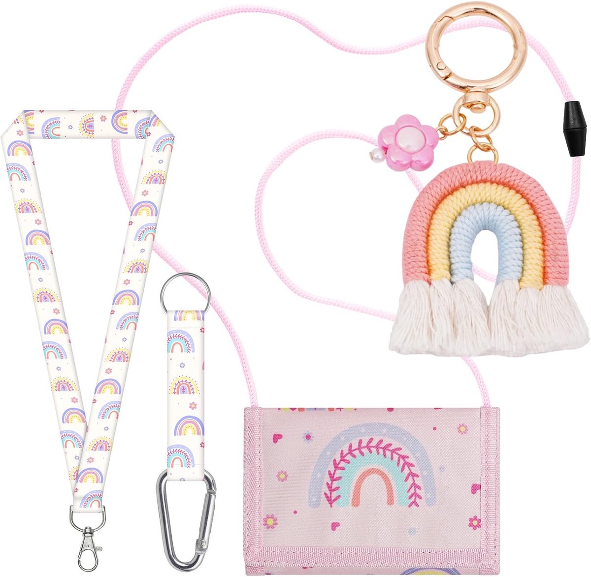 SnelShoppen - Regenboog Borstzak Kinderen Schattige Mini Handtas met Trekkoord + Sleutelhanger Driehoekige Portemonnee voor Munten, Kaarten en Bankbil