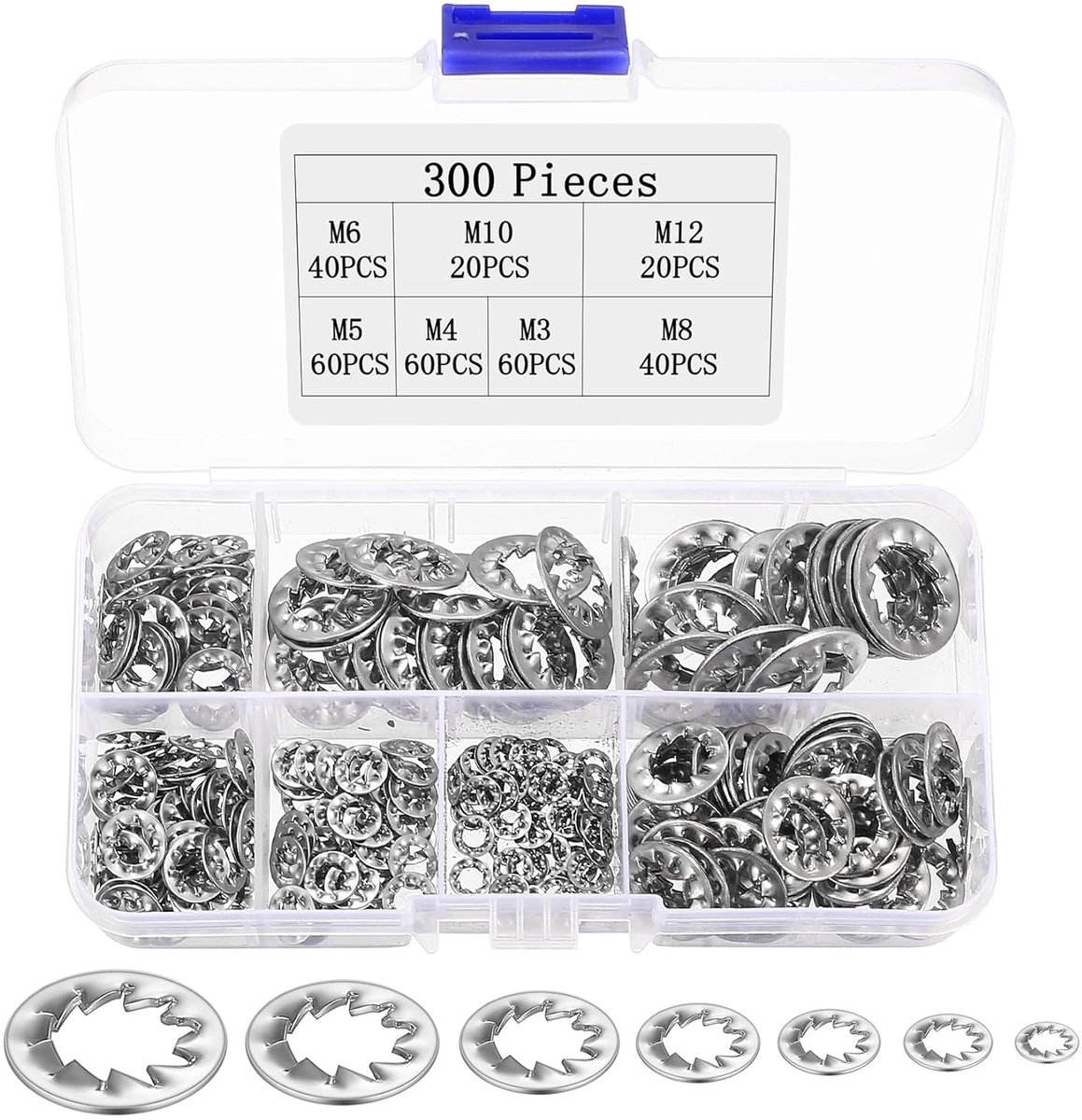 SnelShoppen - Set van 300 Retainer Ringen Binnen Tand Schijven Klem Schijven Fixerende Roestvrijstalen Washers Metaal Washers Knurled Veer Ringen Asso