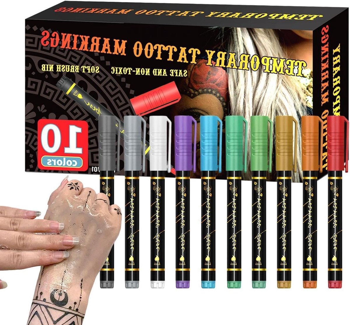 Body Paint Markers - Make-up Pennen Huid Markers - Cosplay en Halloween - Aanpasbare Lijncontrole - 10 Kleuren - Multicolor