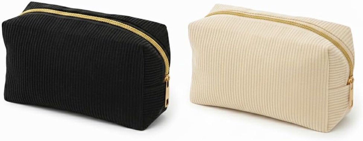 SnelShoppen - Twee-Delige Set Grote Corduroy Opbergzakken Zwart Wit Geschikt voor Cosmeticazak Toilettas Esthetisch Unisex Reistas
