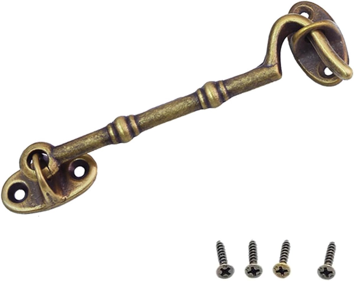 SnelShoppen - Antieke Messing Deurslot Haak en Oogslot, Schuifdeur Slot voor Barn, Garage, Cupboards, Tuin en Venster (Antiek Brons, 10.5cm)