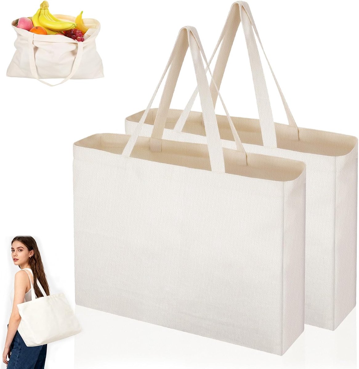 SnelShoppen - 2 Stuks Grote Herbruikbare Katoenen Tas 45 x 35 x 8 cm, Eenvoudige Jute Tas met Lange Handvatten voor Boodschappen, Schilderen en Bordur