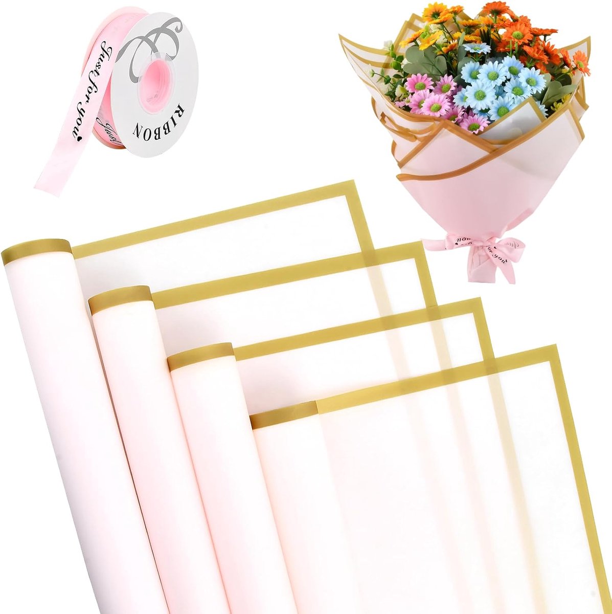SnelShoppen - 20 Vellen Bouquet Inpakpapier met Tape, Waterdicht Bloemen Inpakpapier met Gouden Rand voor Bruiloften, Verjaardagen, Feestjes