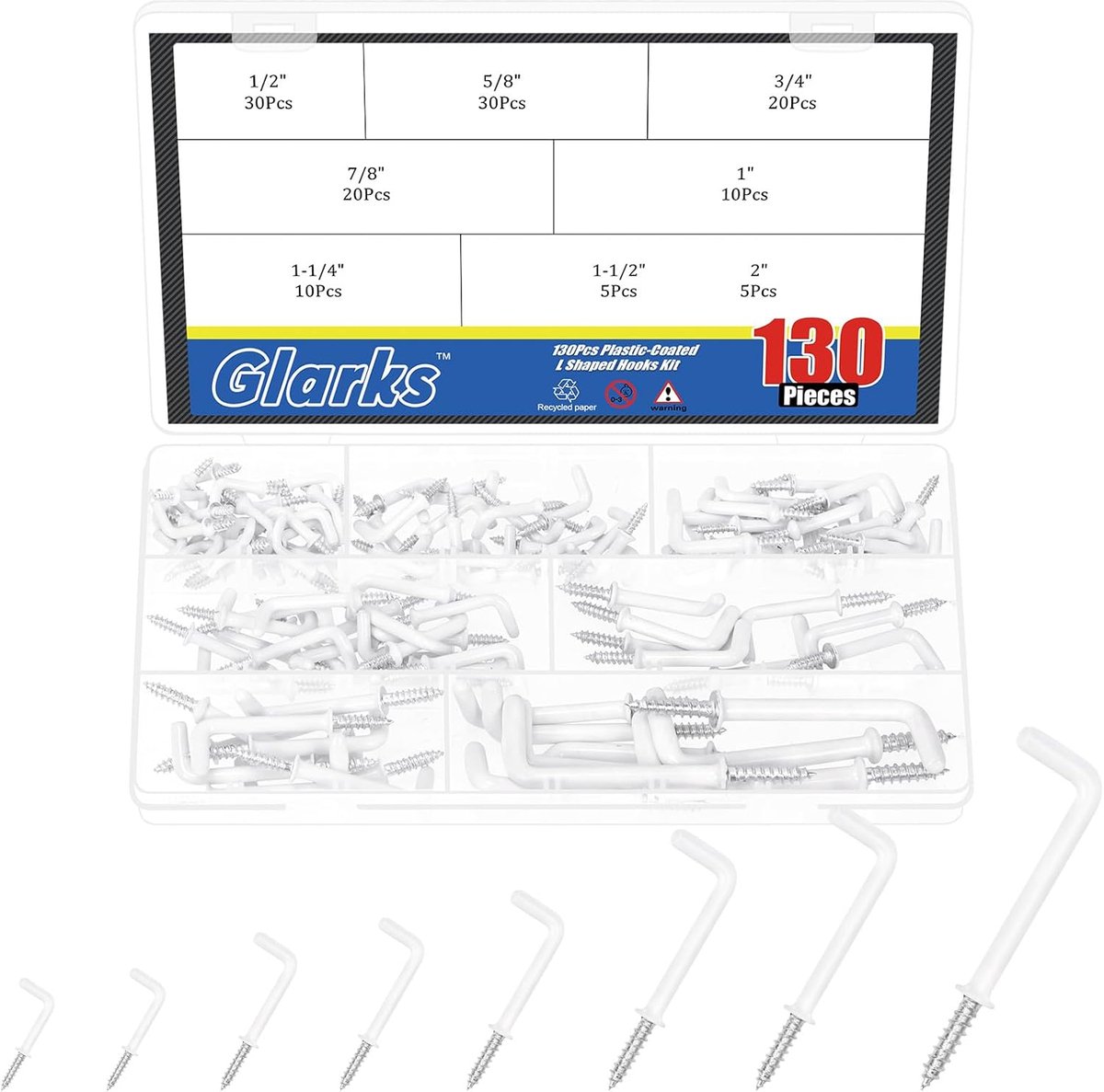 SnelShoppen - 130-delige L-vormige schroefhaken set, soorten 1/2'' tot 2'', kunststof gecoat, voor diverse toepassingen in huis, tuin en garage