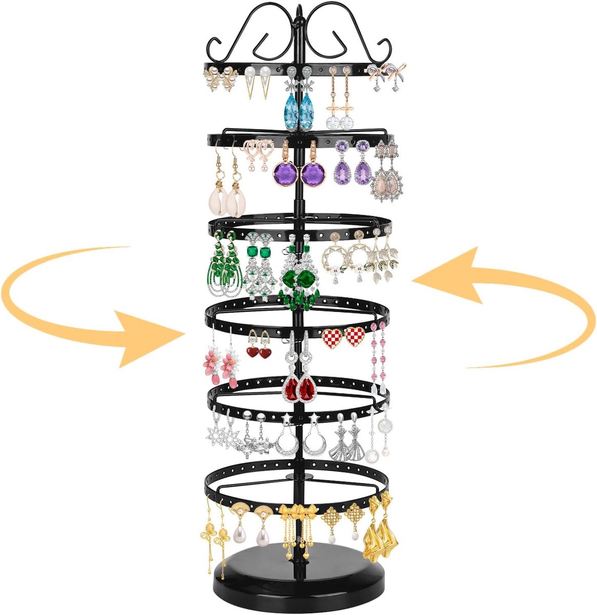 SnelShoppen - Oorbelhouder met 6 Etages, Draaibare Metalen Sieradenstandaard voor Oorbellen, Halskettingen en Armbanden, Zwart, Perfect voor Organisat