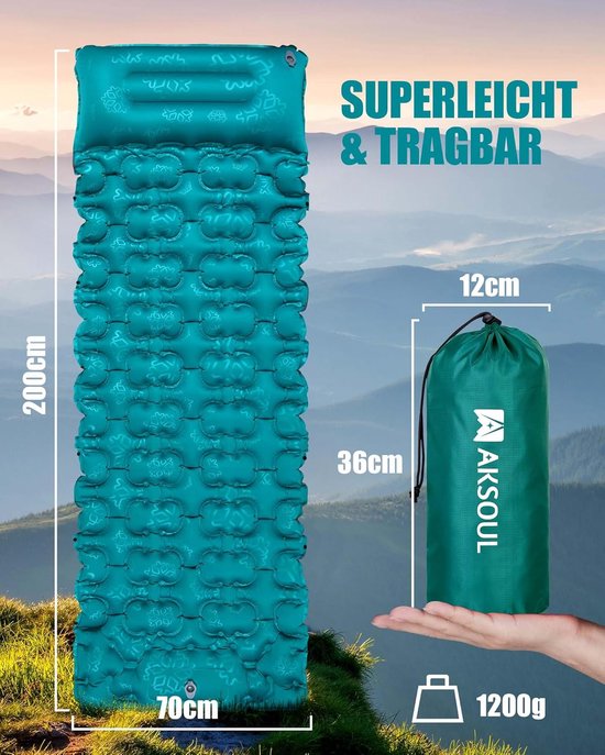 Opblaasbare Isomat - Luchtbed Kamperen - Outdoor Slapen - Zelfopblazend met Voetpomp - 10 cm Dik - Pauwenblauw — afbeelding 4