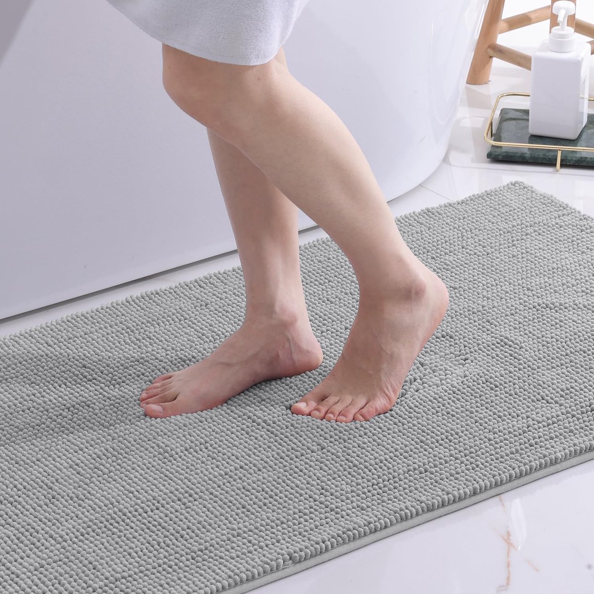 Olanly Badmat Antislip – Set Van 2 - Grijs – Douchemat – Badmat Badkamer – kort pluche Chenille Badmat – 50x80cm