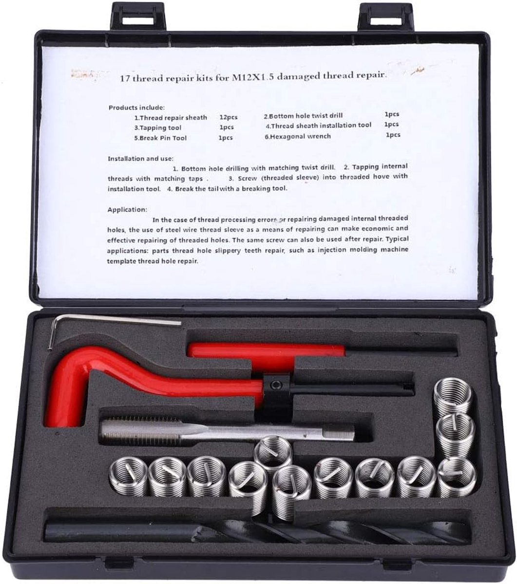 SnelShoppen - 17-delige M12x1.5 Draadinsert Reparatiekit voor Draadreparatie, Inbussleutel en Accessoires voor Auto en Apparatuur