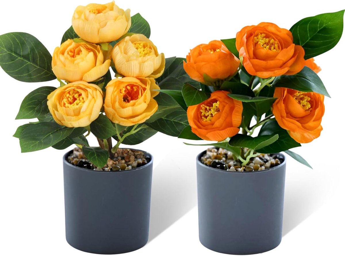 YUE QIN Pack of 2 Camellia Artificial Flowers in Pot, Artificial Plants as Real Artificial Plants with Flowers - ShopVlot