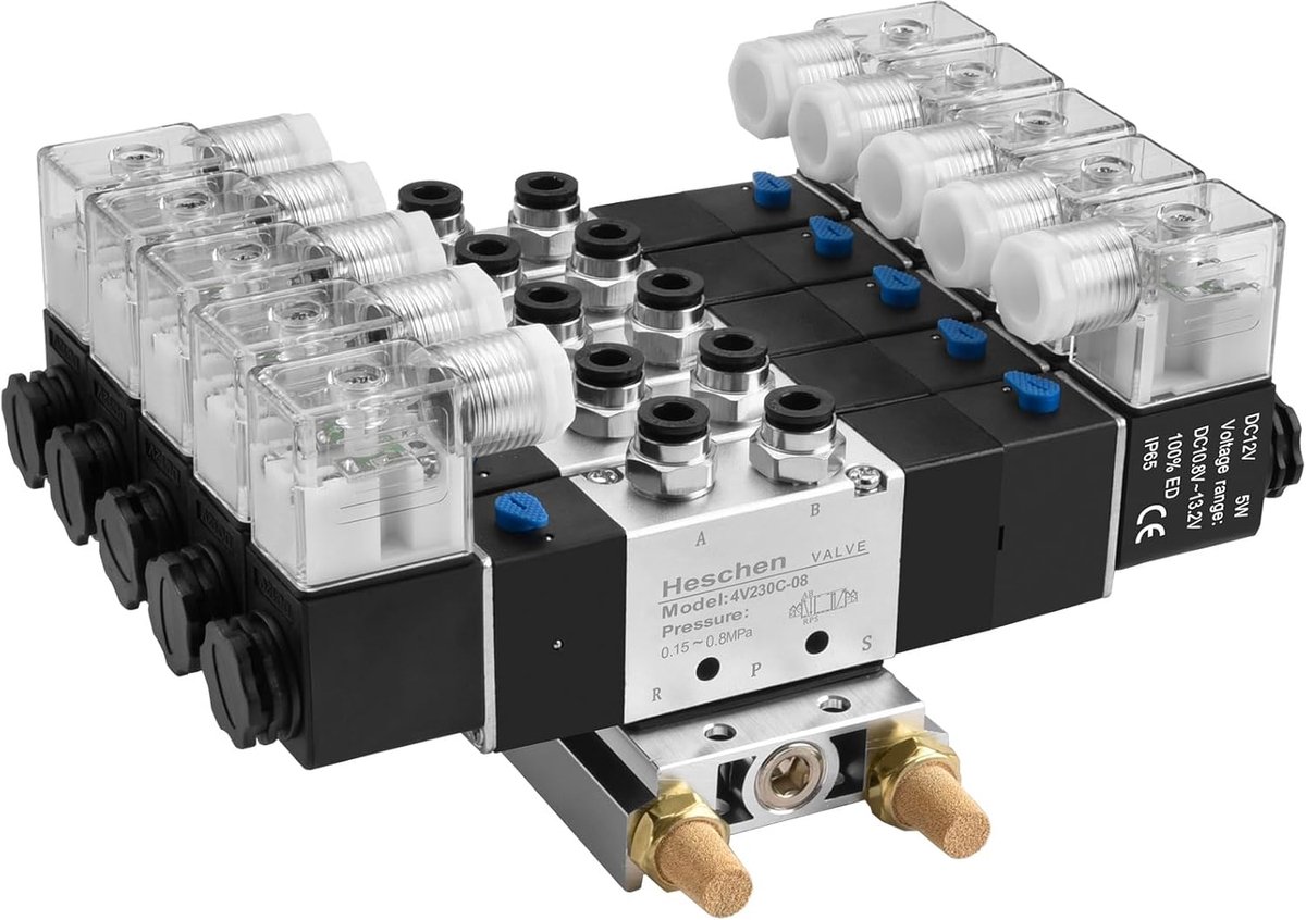 SnelShoppen - Elektrische Pneumatische 5 Weg 3 Posities Solenoid Klep 4V230C-08, 12VDC, PT1/4, Manifold Basis, Quick Fitting Kit, CE Goedkeur