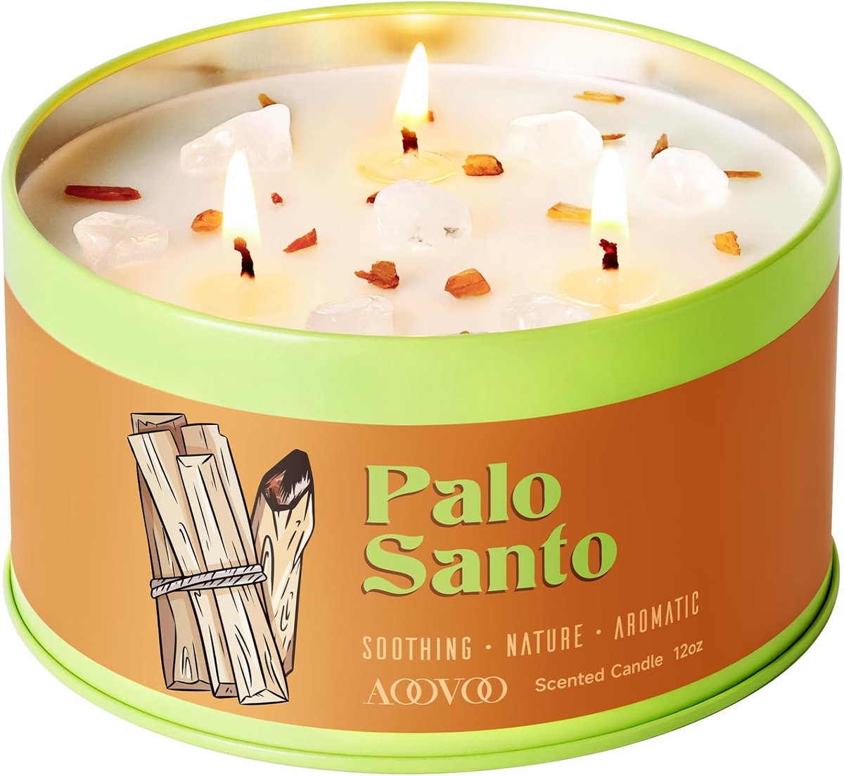 SnelShoppen - Palo Santo kaars voor meditatie en reiniging, 3-lont, 340 g, geurkaars met witte kristallen, niet-giftige sojakaars voor spirituele gene