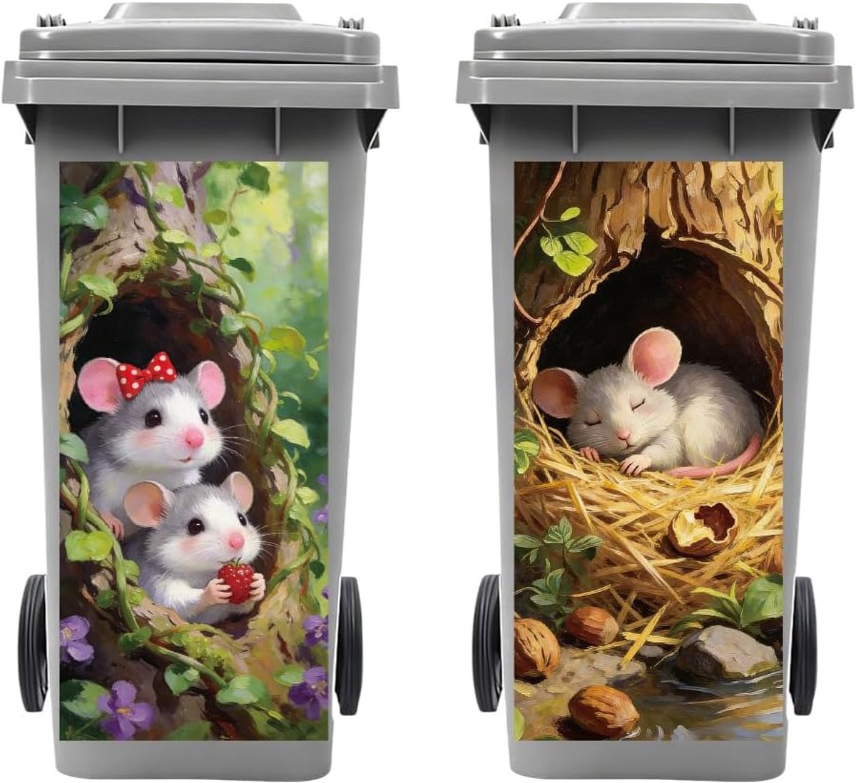 SnelShoppen - 2 Stuks Grote Afvalbak Stickers voor Containers met Ratten in Boomhol, Waterdichte Decoratie voor Huis, Tuin, Koelkast, 38x81cm