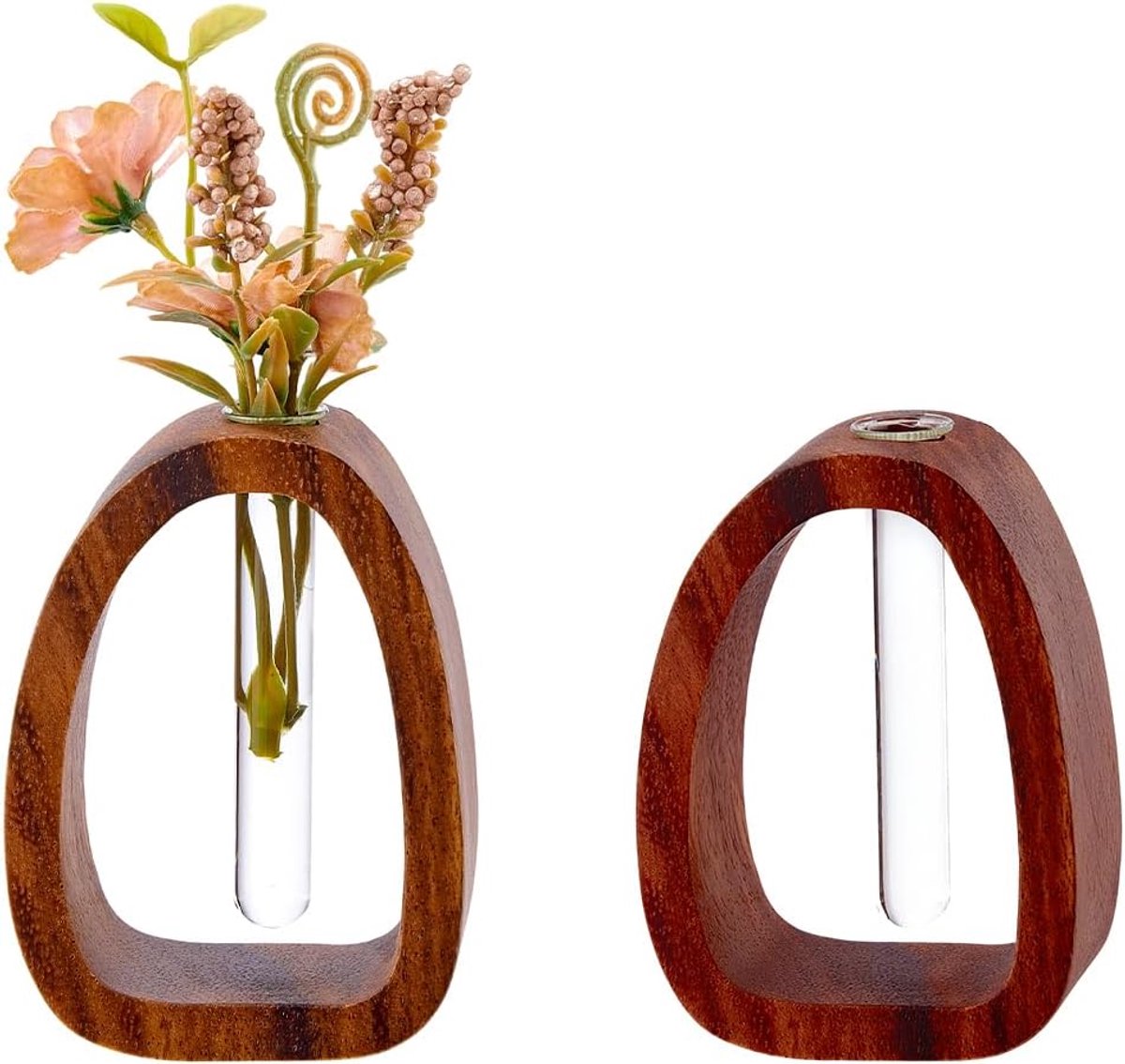 SnelShoppen - Houten Reageerbuis Vazen met Houten Frame - 2 Stuks - Moderne Bloemenvazen voor Hydrofiele Planten - Tafel Decoratie voor Thuis, Kantoor