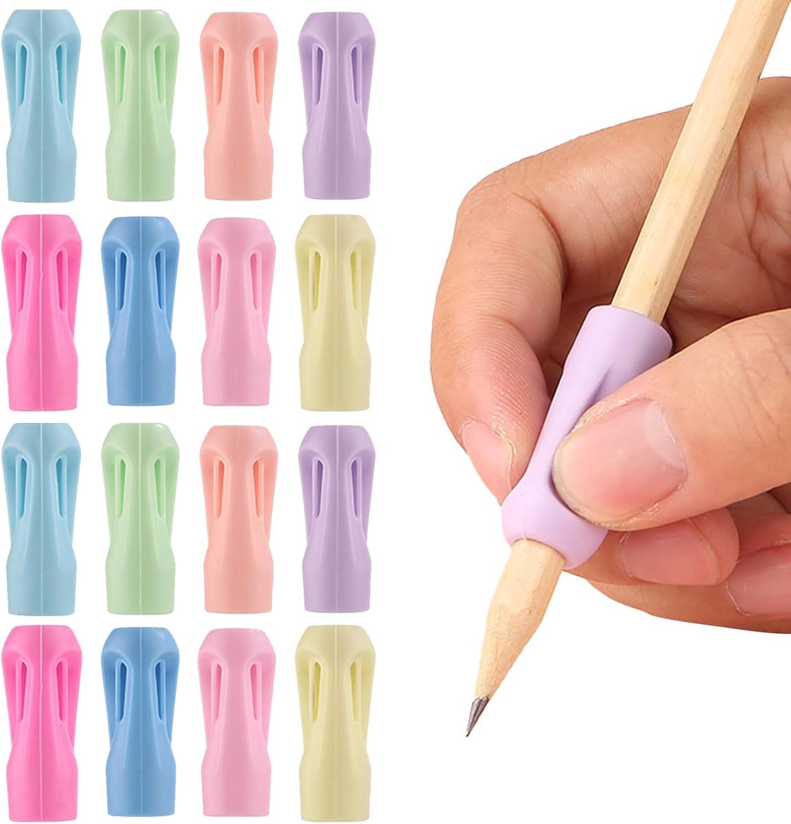 SnelShoppen - 16 Stuks Potloodhandgrepen voor Studenten, Kleurrijke Siliconen Pen Grip in 8 Kleuren, Schrijfhulp Grip Pen Houder voor Handschrift, Ond