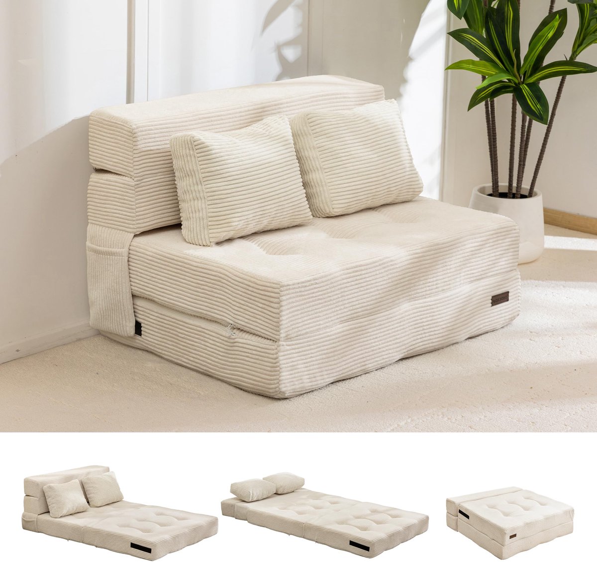SnelShoppen - Opvouwbare schuim slaapbank - Drievoudig opvouwbaar matras met 2 kussens - Draagbare 3-in-1 vloerbank - Futonbed met 15 cm dik schuim -