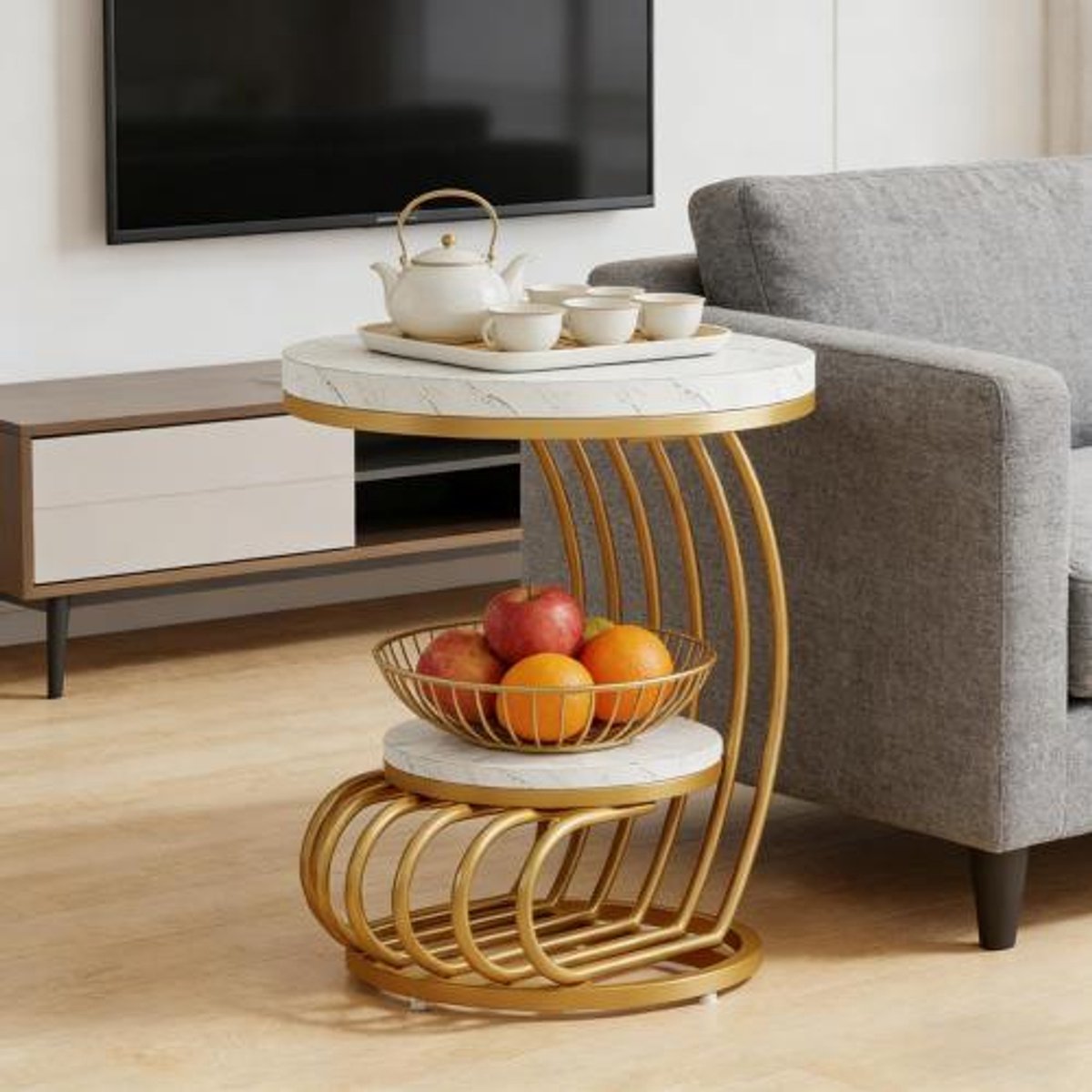 COVREO Bijzettafel 50x50x63 cm goud, marmerlook met 2 niveaus