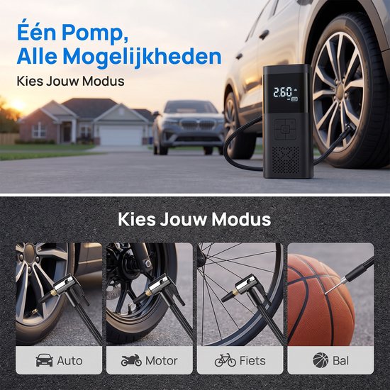 longziming -Draagbare Elektrische Luchtpomp - Mini Bandenpomp met Digitaal Display, LED Verlichting & Powerbank - Automatische Stopfunctie voor Auto, Fiets, Motor en Ballen — afbeelding 3