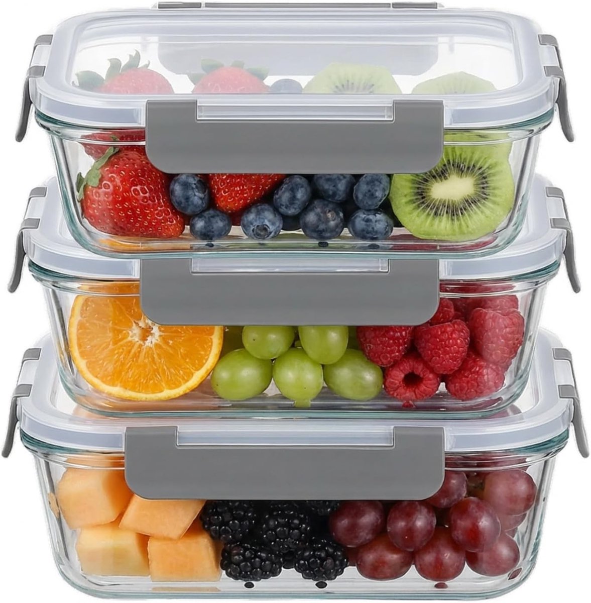 Glazen Container Set - Meal Prep Boxen - Voedsel Opslag - Luchtdicht & Lekvrij - 3x 1040ml - Transparant