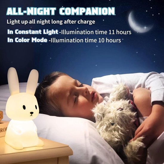 Bunny Nachtlampje voor kinderen, siliconen voedingslicht voor baby's, met 7 lichtwisselingen, dimbaar, tap control, opladen via USB en timerfunctie, bedlampje voor kinderkamer, decoratie — afbeelding 5