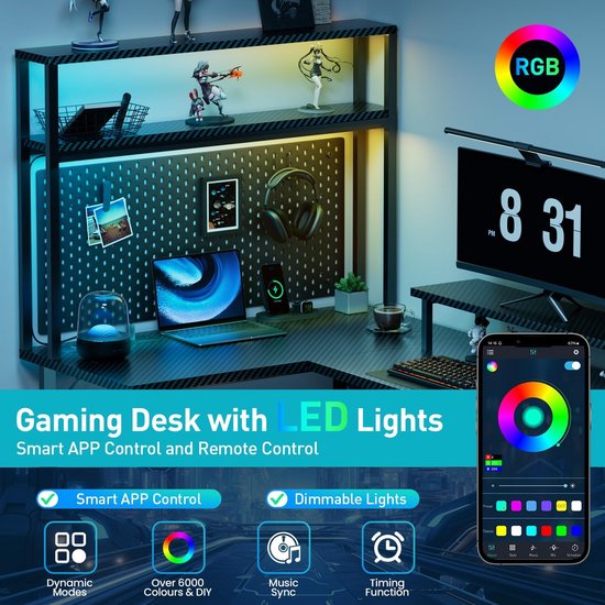 Gamingtafel Hoekbureau - Computertafel Werkplek - Ruimte Optimaliseren - Intelligente Ledverlichting Stopcontacten - 150 x 100 cm - Zwart Koolstofvezel — afbeelding 4