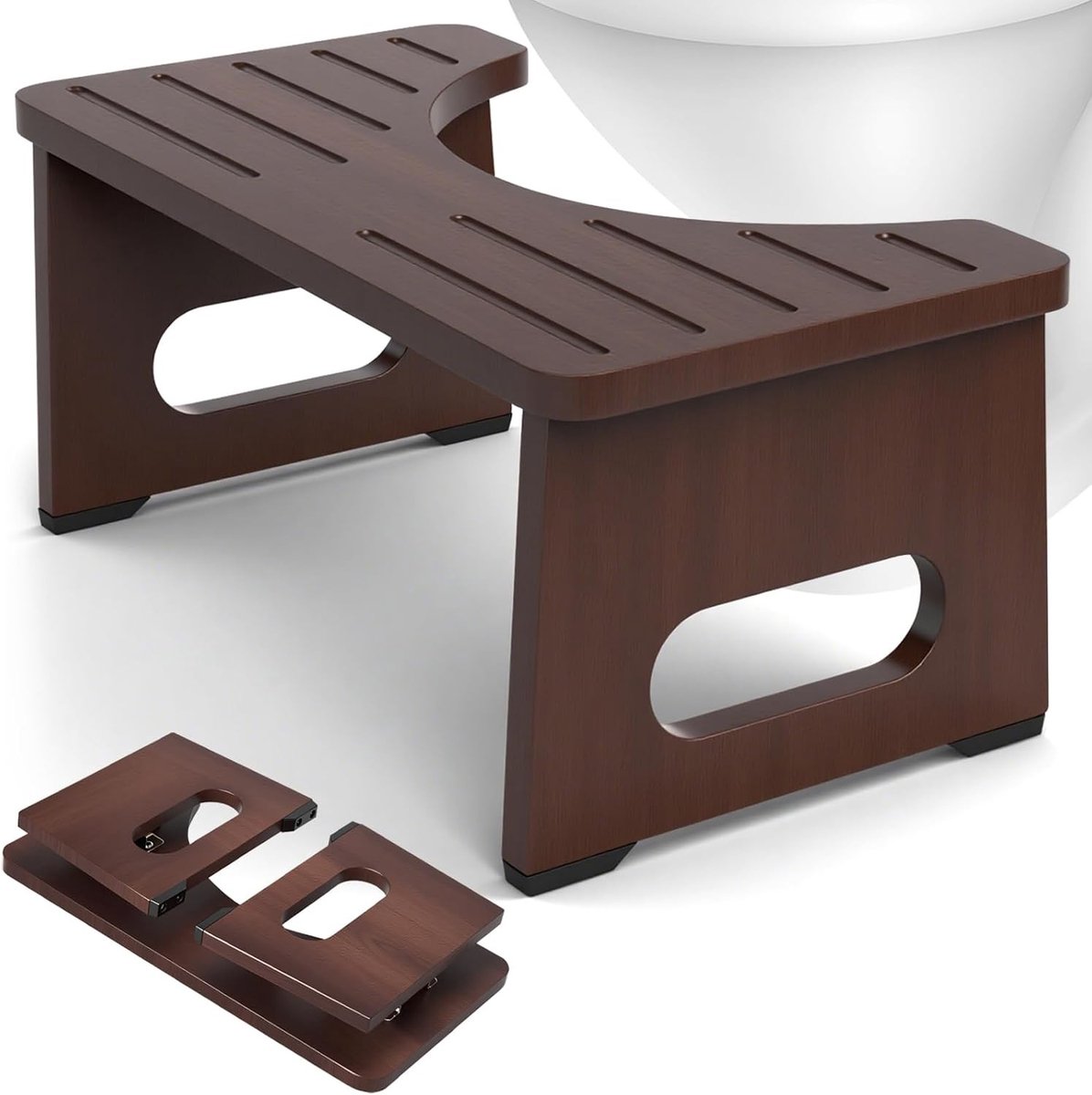 Vouwbare houten toiletkruk voor volwassenen, antislip dubbele treden voor betere stoelgang en verhoogd comfort in de badkamer