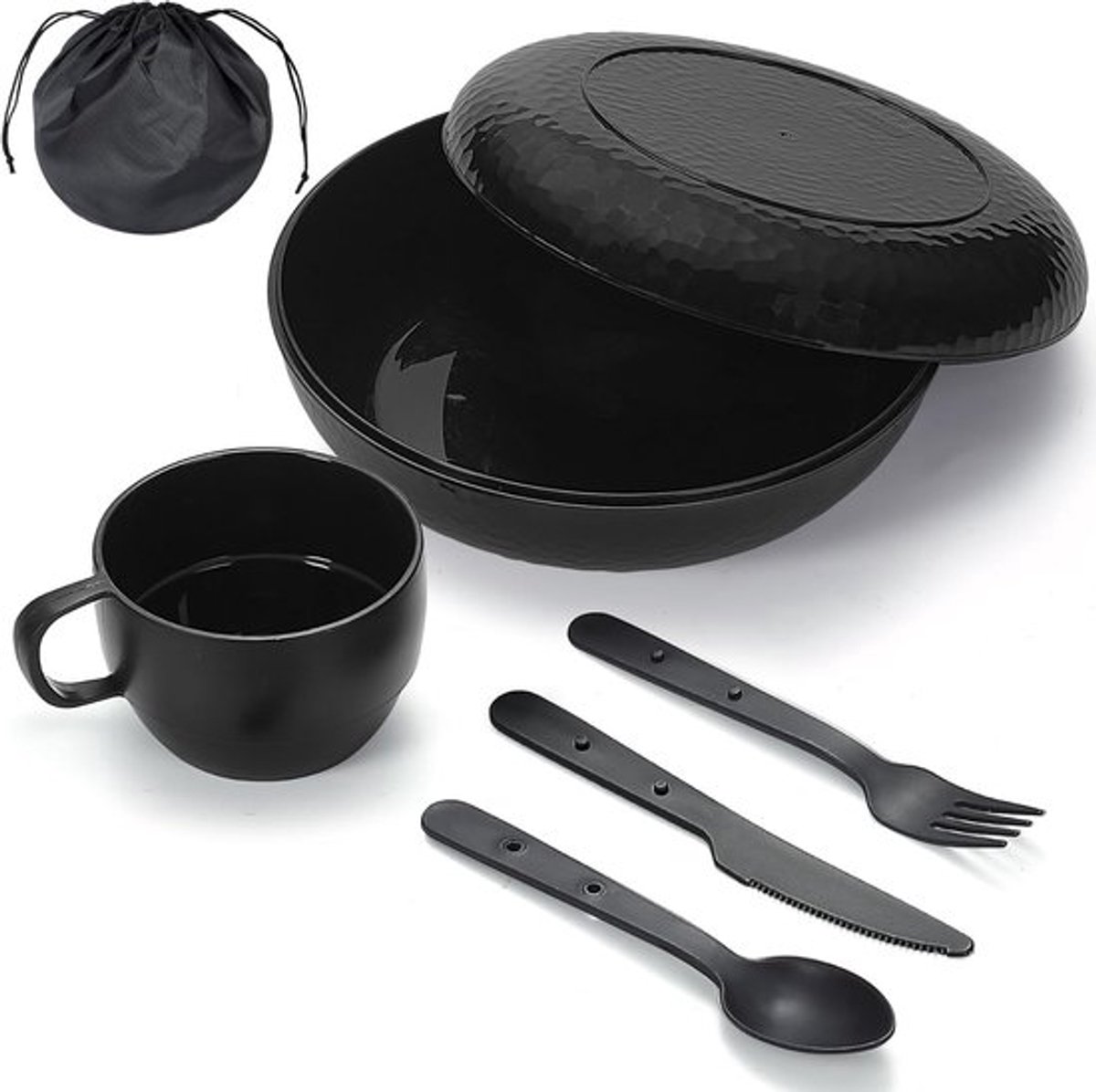 Complete Camping Mess Kit met Kom, Bord, Beker, Lepel, Vork, Mes en Draagtas - Perfect voor Picknicks, Outdoor Activiteiten en Reisgemak