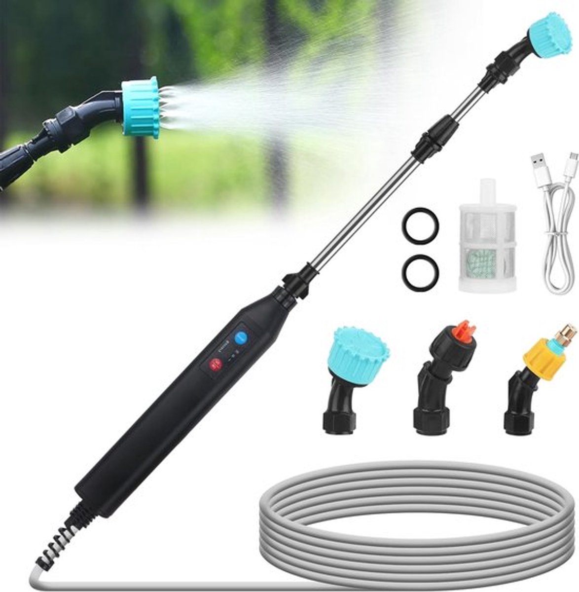 Draadloze elektrische drukspuit met 3 nozzles, 5 meter slang en oplaadbare USB-batterij voor irrigatie en tuinonderhoud