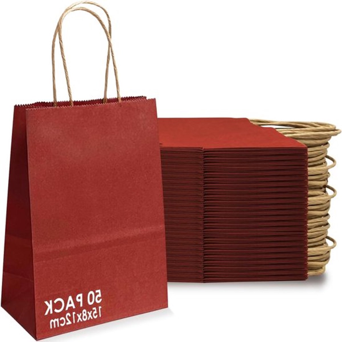 Papieren zakken met handvat, 50 stuks, ideaal voor cadeauverpakking, kraftpapier, 21 x 8 x 15 cm, stevig en duurzaam