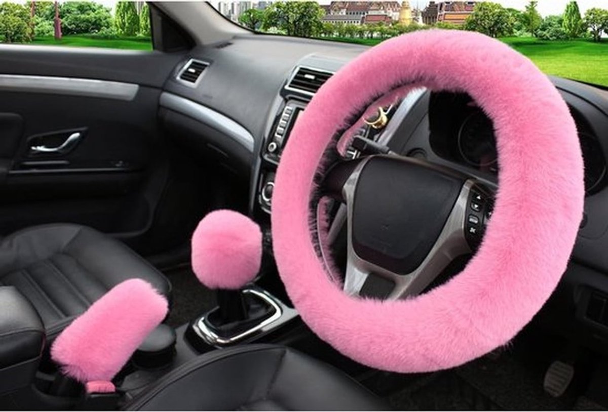 Set van 3 Universele Stuurwielhoezen - Antislip Winter Fleece - Warme Pluche Bescherming voor Stuur en Handrem - Geschikt voor 36-39 cm - Roze
