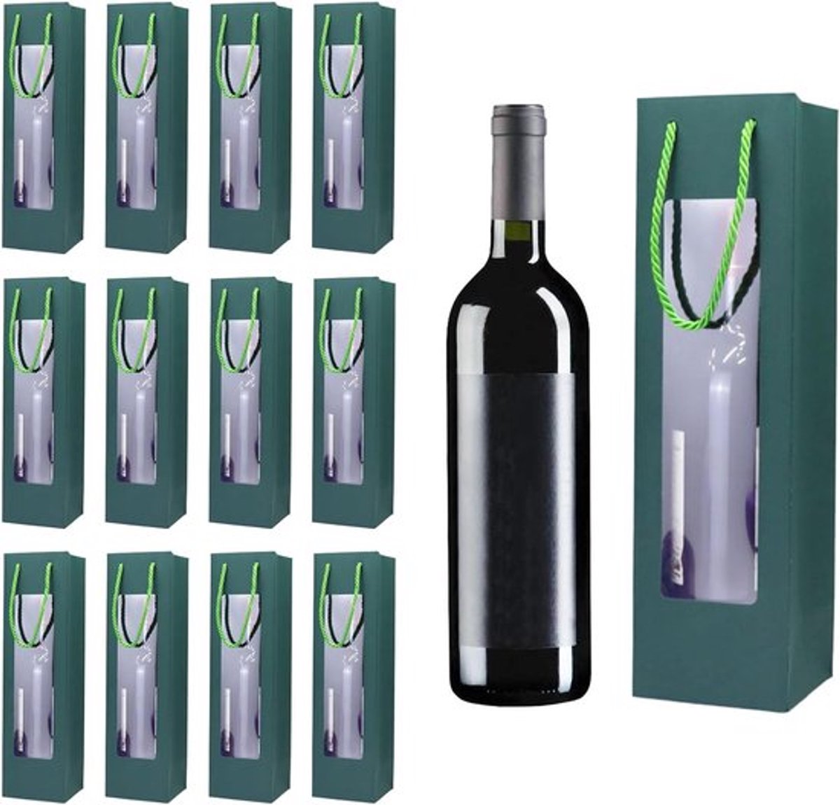 Set van 12 groene wijnfleszakken met venster en handvat, perfect voor cadeaus, bruiloften en feesten, stijlvolle presentatie en functionaliteit