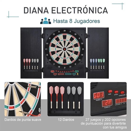 Zerova Elektrisch dartbord met LED Scorebord - Digitaal Dartspel voor 8 Spelers Inclusief 12 Darts en 30 Reservepunten - Zwart — afbeelding 5