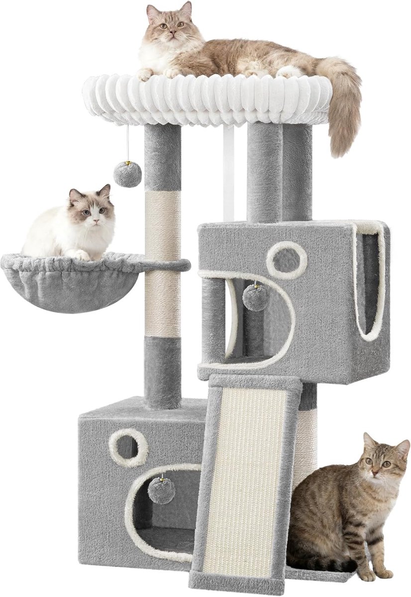 Hzuaneri Kattenboom, 98cm Kleine Kattenboom, Ruim en Stabiel, met Zacht Groot Platform, Pluchen Ballen, Grotten, Krabpalen, Katten Krabplank, Lichtgrijs