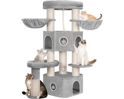 HILINSIE krabpaal, 163 cm, 11 cm dikke sisalpalen, voor grote katten, 2 holletjes, ruim platform, pluche bal, kattenborstel, krabpaal met meerdere niveaus, lichtgrijs beige