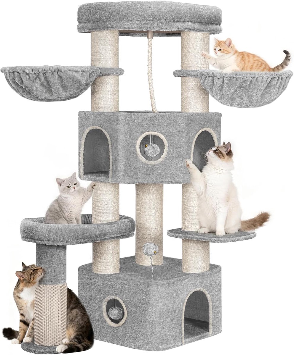 Hzuaneri krabpaal, 163 cm, 11 cm dikke sisalpalen, voor grote katten, 2 holletjes, ruim platform, pluche bal, kattenborstel, krabpaal met meerdere niveaus, lichtgrijs beige