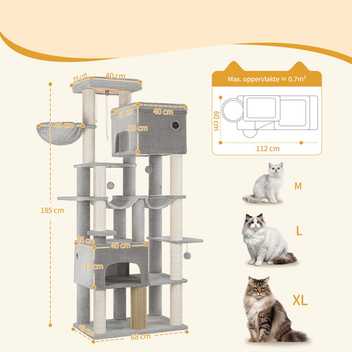 Hzuaneri Krabpaal, 185 cm XL Krabpaal met 10 krabpalen, 2 holen, 2 hangmatten, groot platform, kattenborstels, mandje, robuuste krabpaal voor Maine Coons en grote katten, lichtgrijs thumbnail 4