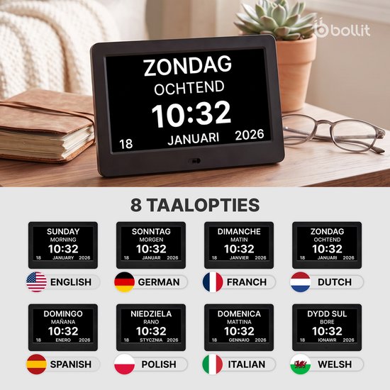 Digitale klok met "ZONDAG OCHTEND 10:32 18 JANUARI 2026" en 8 taalopties met vlaggen.