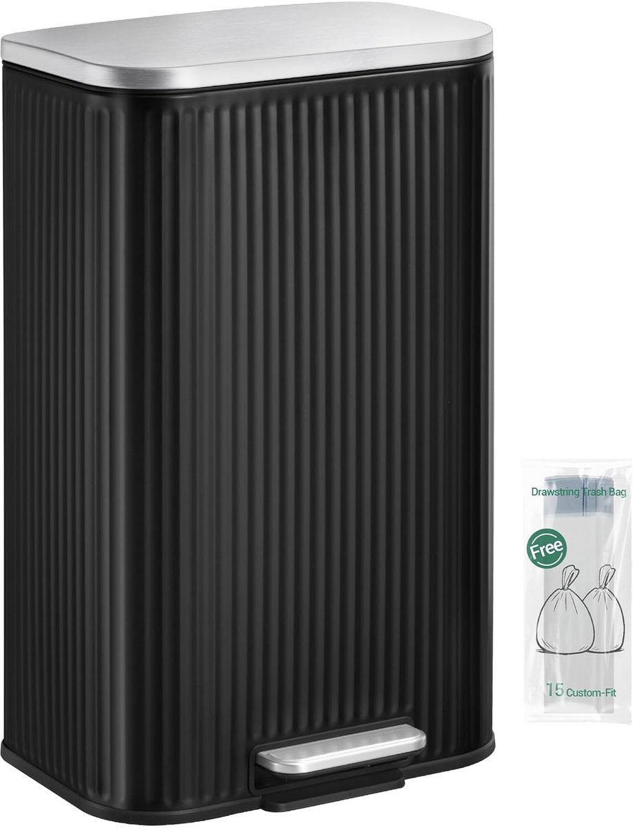 Hzuaneri Keukenafvalemmer, 30 liter pedaalemmer met uitneembare binnenemmer, ontwerp met verticale strepen, deksel met soft-close-mechanisme en 15 afvalzakken inbegrepen, roestvrij staal, zwart