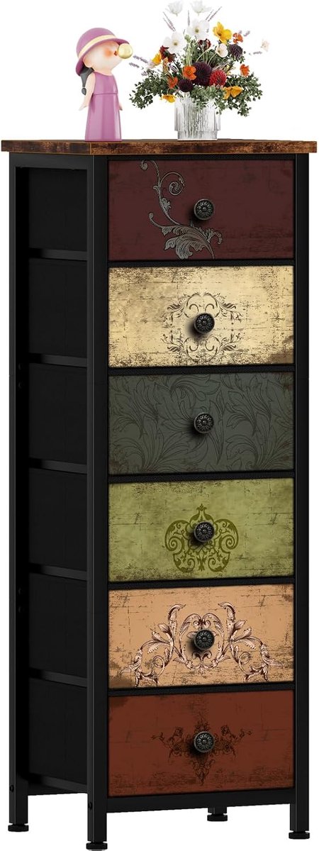 Home & Beyond® Hoge Ladekast met 6 Stoffen Lades - Smalle Opbergkast en Nachtkastje - Vintage Bloemenprint - 40 x 30 x 116,6 cm