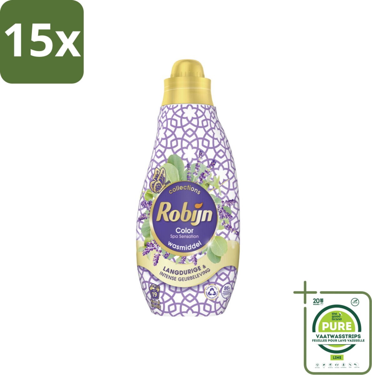 15 x Robijn - Klein & Krachtig Spa Sensation - Vloeibaar Wasmiddel - 19 Wasbeurten - 665 ml - Grootverpakking - Wasmiddel - Vloeibaar Wasmiddel - Gekleurde Was - Wasverzachter - Wasparfum
