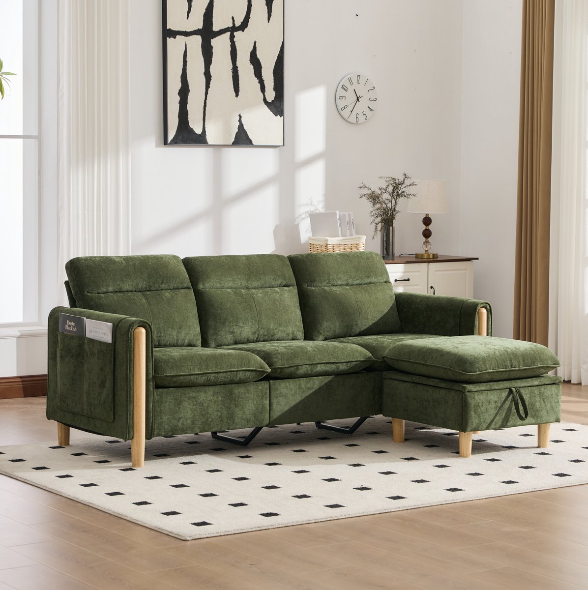 MEUNIQ L-vormige hoekbank met opberghocker, drie zitplaatsen, chenille, zijvakken, houten poten, voor woonkamer en kleine ruimtes, groen