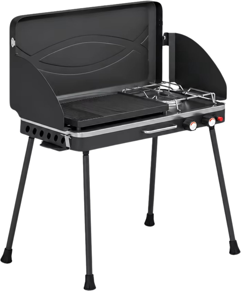 Draagbare Gasbarbecue 2-Pits Zwart – 7 KW met Inklapbare Poten, Grillplaat, Windscherm - voor Camping