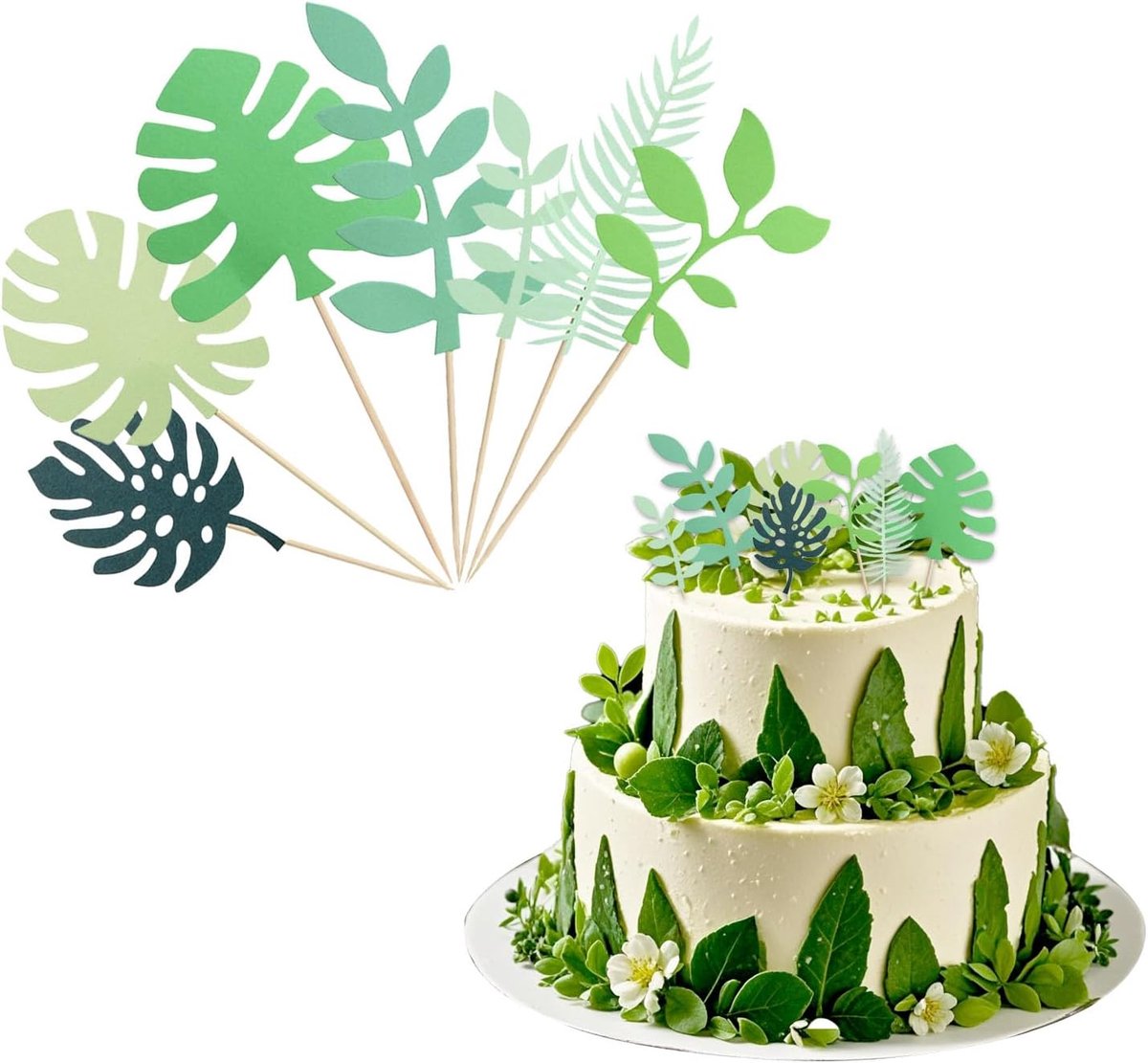 SnelShoppen - Cake decoratie met tropische bladeren - Groene jungle patroon - Palmblad - Verjaardagstaart decoratie - Voor groene thema feesten - Brui