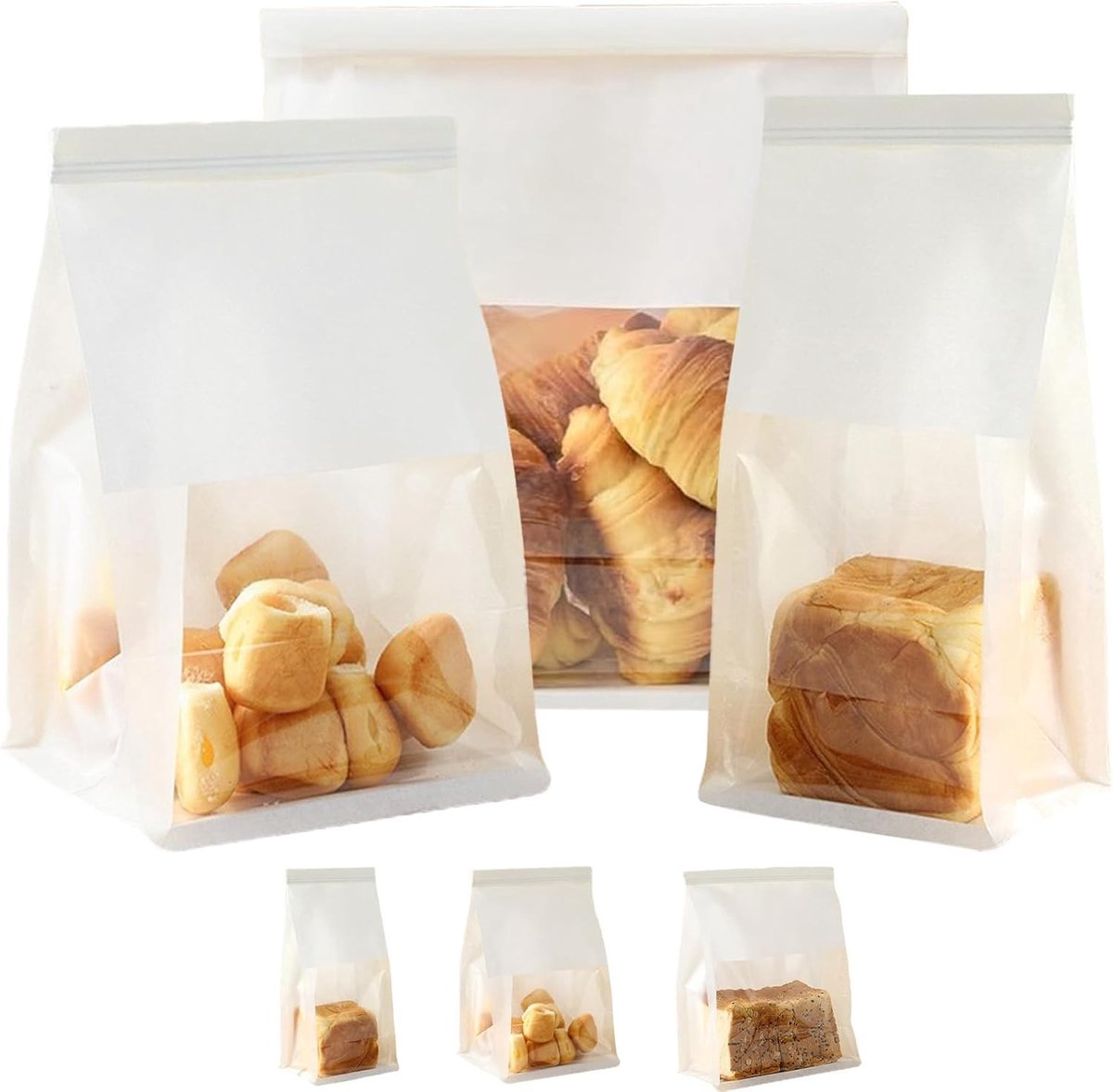 Kraft-papieren broodzakken met venster - Wit - 16 x 26 + 13 cm - Oliebestendige voedselopbergzakken - Voor Thuisbakken