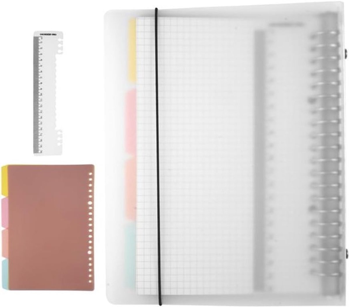 A5 Notitieboek met Geruit Papier, 4 Kleurige Tabs, Navulbare Ringband en Liniaal voor Thuis, School en Kantoor (60 Vellen)