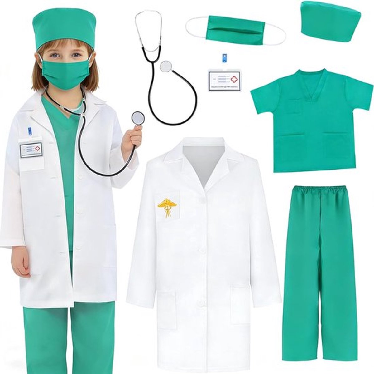 Dokterskostuum met Dokterskoffer, Doktersjas met ID-kaart, Stethoscoop en Speelaccessoires voor Kinderen van 6-10 Jaar, Perfect voor Carnaval en Verkleedpartijen